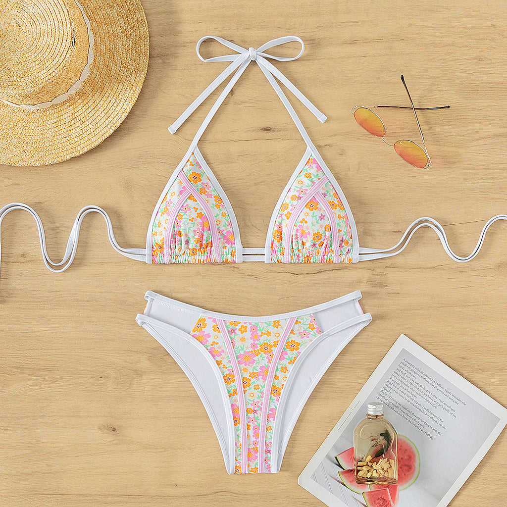 Bikini Dreieck Spitze Kleiner Blumendruck Sexy Split Bikini Schwimmanzug Zweiteilige Sets Damen