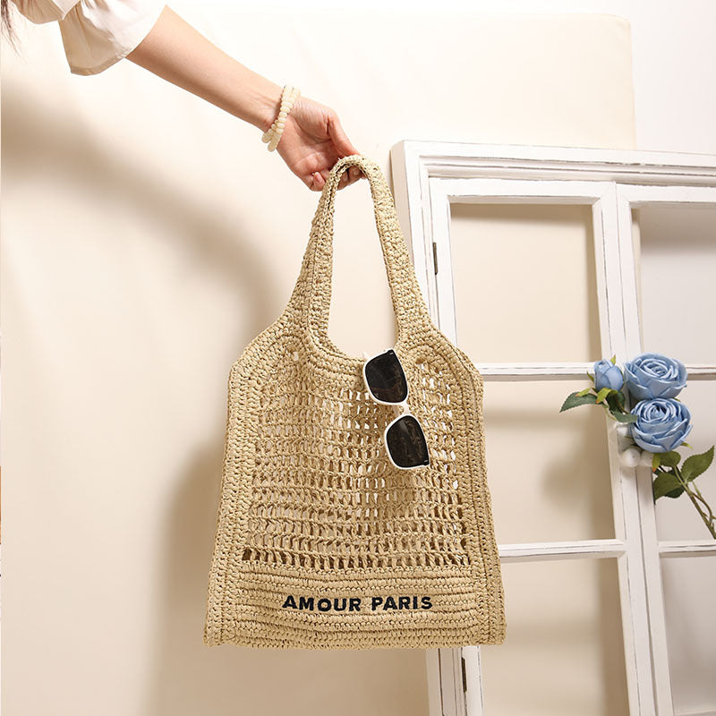 Sac de Plage en Paille Tressée d'Été avec Motif à Lacets, Idéal pour les Vacances à la Plage des Femmes