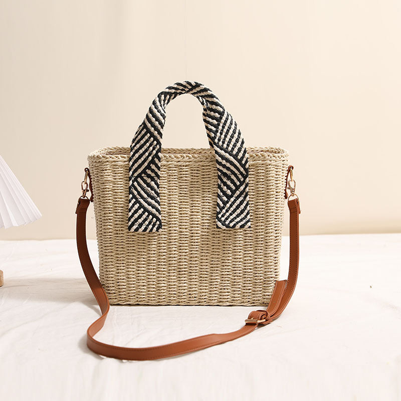 Sac à bandoulière en paille, couleur unie, sac tissé, sac de plage pour les vacances, sac tressé en rotin grande capacité
