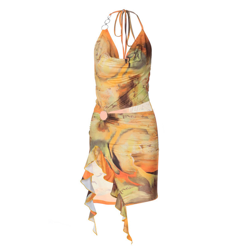 Damenbekleidung Sommer Bedrucktes Sexy Neckholder-Kleid mit Schnürung am Rücken