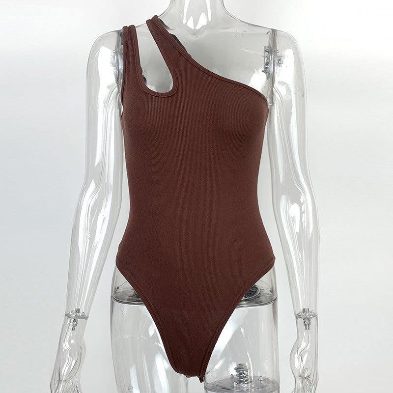 Sommer Damen Sexy Schmaler Baumwoll-Rippen-Overall mit One-Shoulder und Cut-Outs
