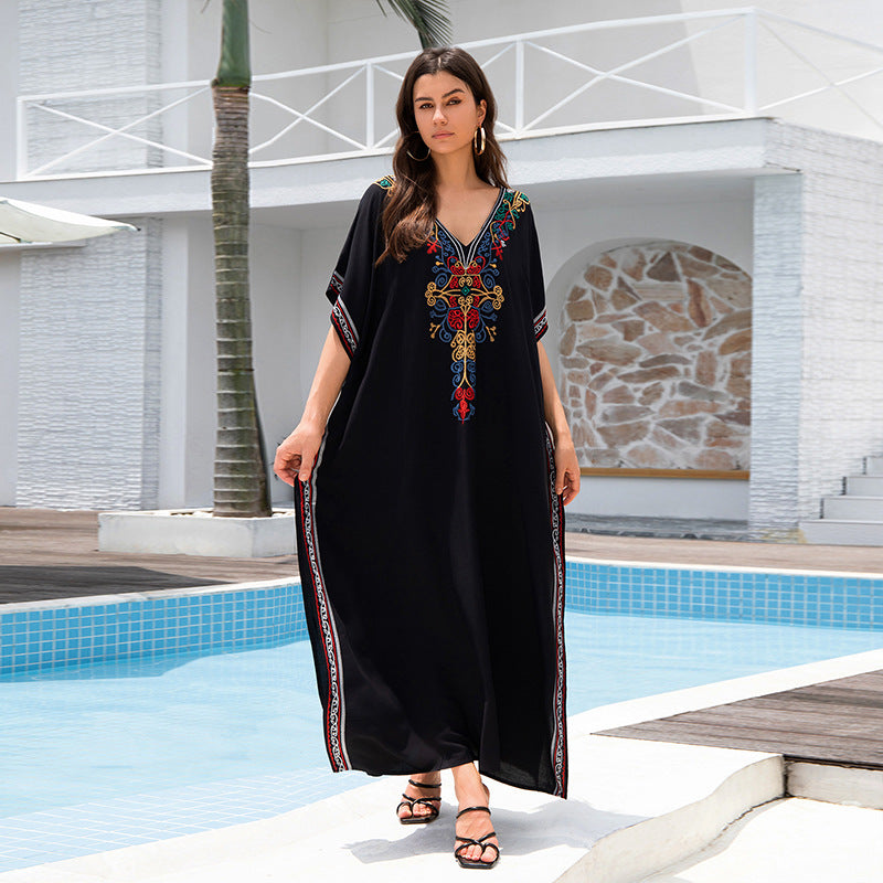 Robe Longue Ample Rayonne Broderie Vacances Broderie Peignoir Plage Cache-maillot Bikini