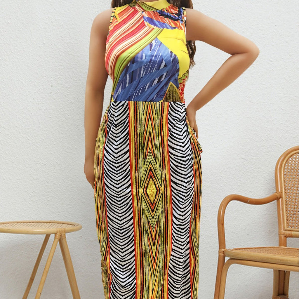 Femmes grandes tailles Vêtements Femme Robe d'été rétro imprimée multicolore aléatoire non positionnée avec fente à nouer