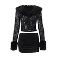 Ensemble jupe sexy et haut en dentelle de rue à manches longues en peluche pour femme, collection automne-hiver