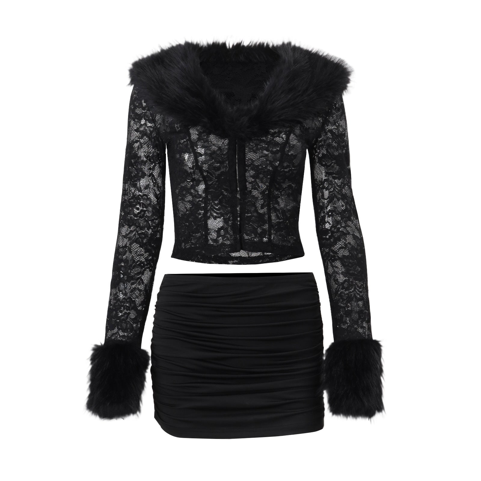 Ensemble jupe sexy et haut en dentelle de rue à manches longues en peluche pour femme, collection automne-hiver