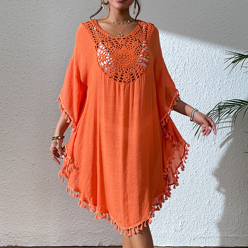 Stoff mit Noppenstruktur Nähte Handgehäkelter Strand-Cover-up Sexy Lockerer Urlaub Sonnenschutz-Shirt Strandkleid