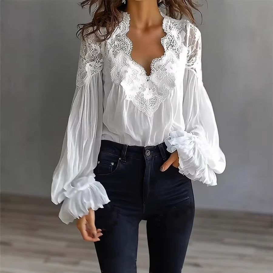 Chemise plissée à manches bouffantes et dentelle pour femme