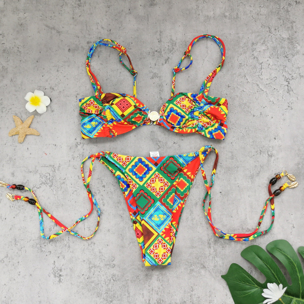 Ensemble bikini sexy à trois points, top tube, taille basse, dos nu, laçage, imprimé, pour femme