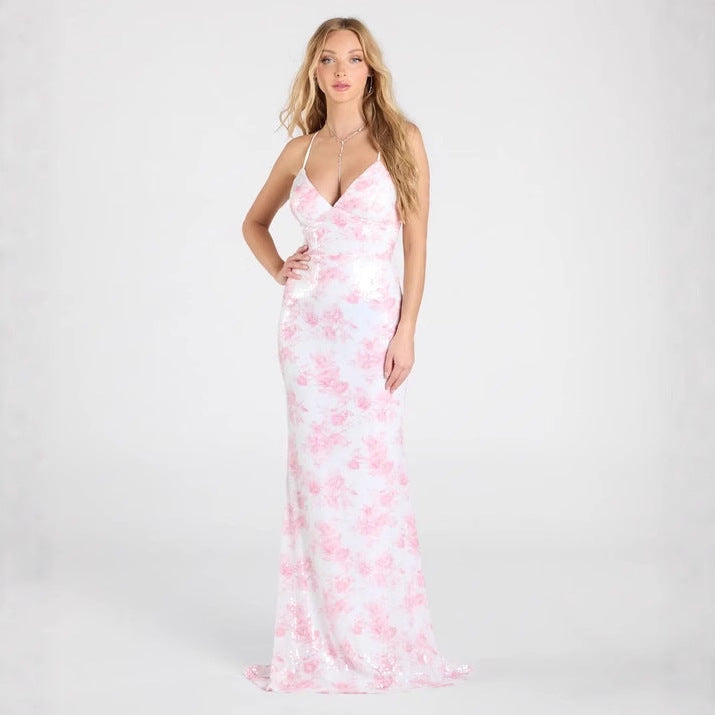 Robe de Soirée Sexy à Paillettes Roses Florales pour Femme
