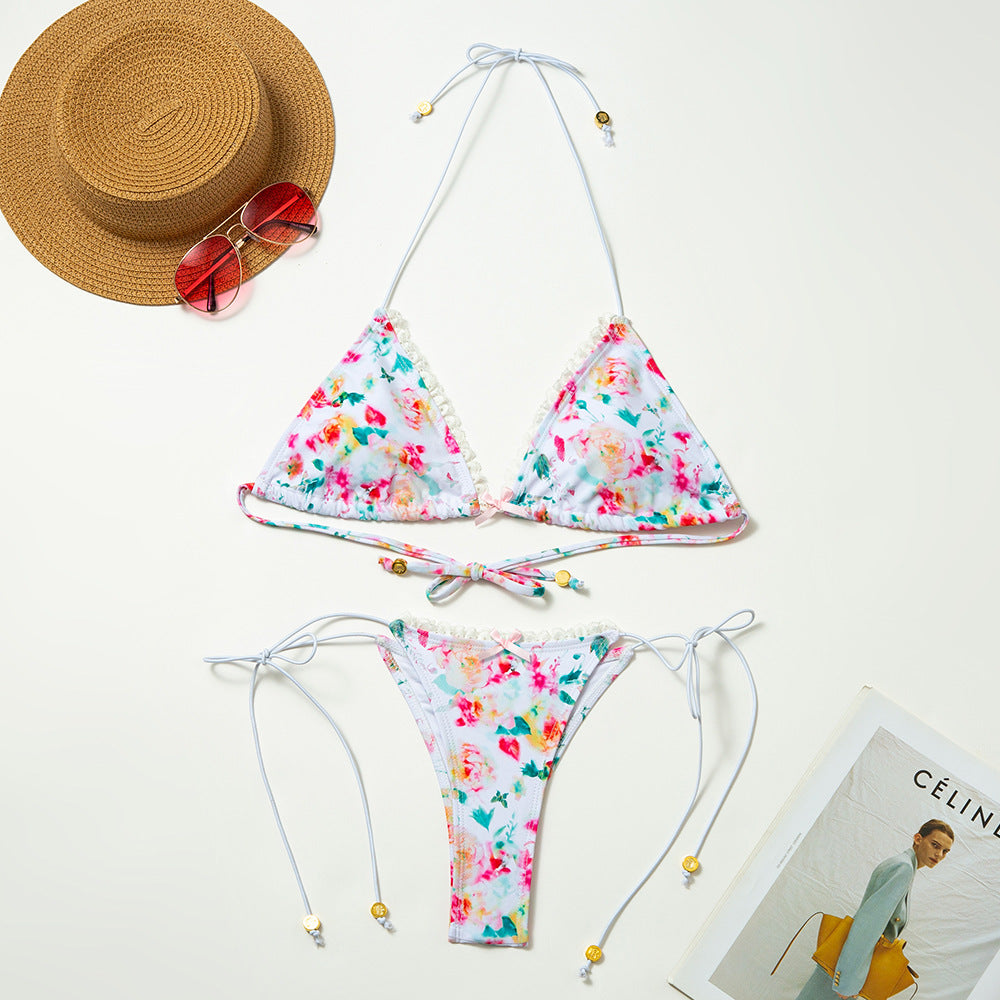 Maillot de bain en dentelle florale avec fente, pour femme, à nœud et haute élasticité, bikini