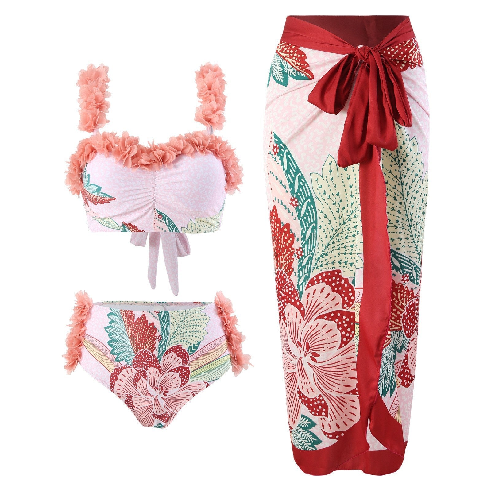 Dreiteiliger Bikini-Set, personalisiert bedruckt, mit Stahlbügel, Push-up-Blütenblättern und Gaze-Rock, für Damen
