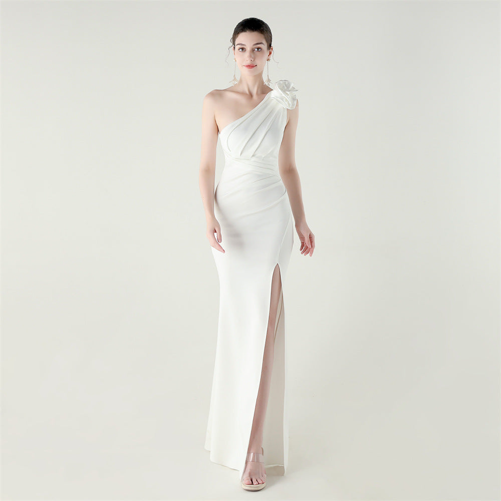 Robe de soirée sexy asymétrique en satin à fleurs en 3D, fendue haute, pour dîner, mariage, ou événement mondain