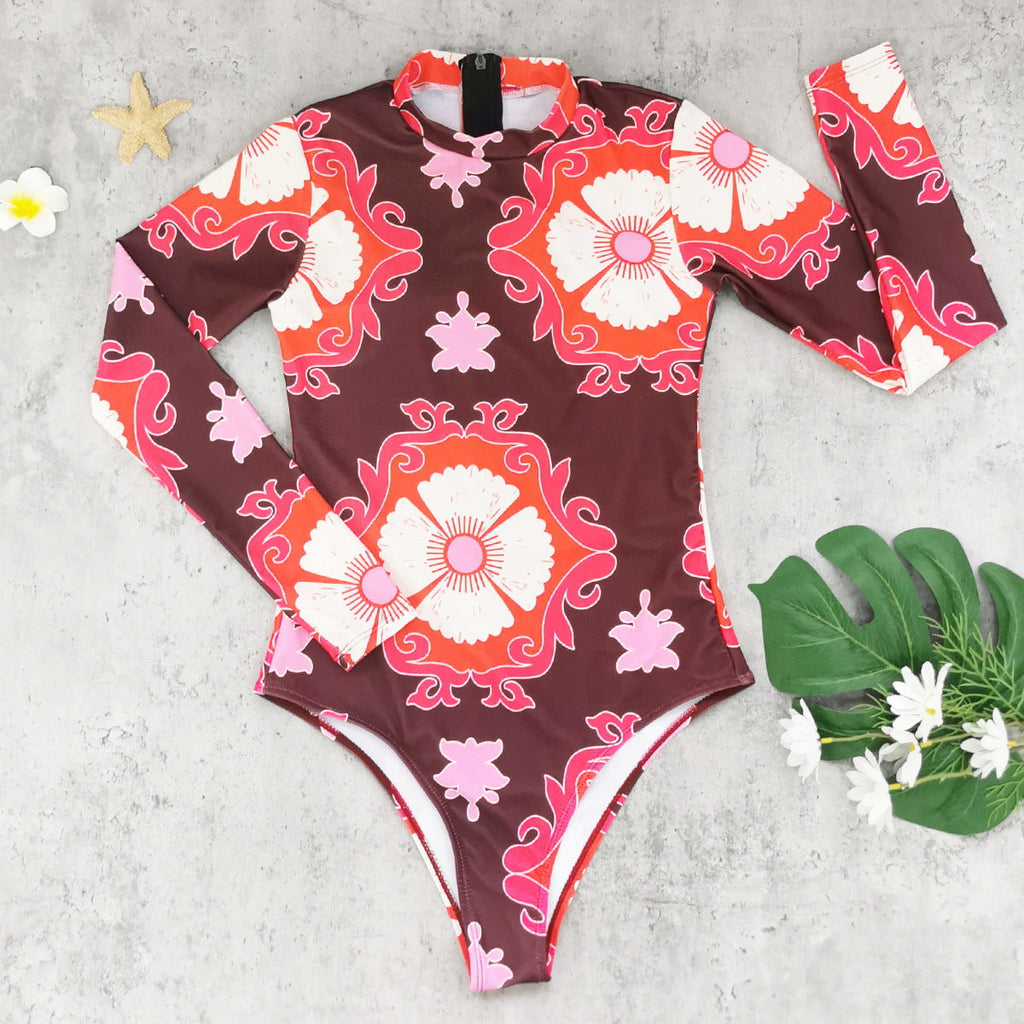 Maillot de bain une pièce imprimé à manches longues et fermeture éclair pour le surf