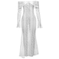 Automne Hiver Vêtements Femme Col Dégagé Sexy Manches Longues Épaules Dénudées Dentelle Évidée Coupe Slim Fishtail