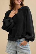 Einfarbiger Pullover mit halboffenem Kragen, Ziernähten, Spitze, locker und stylisch, lange Ärmel