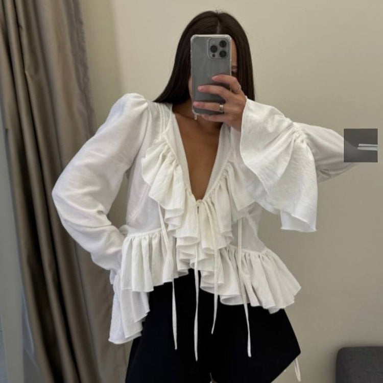 Damenbekleidung Frühling Rüschen Glockenärmel Schlupfhemd mit Bindekragen All Matching Shirt