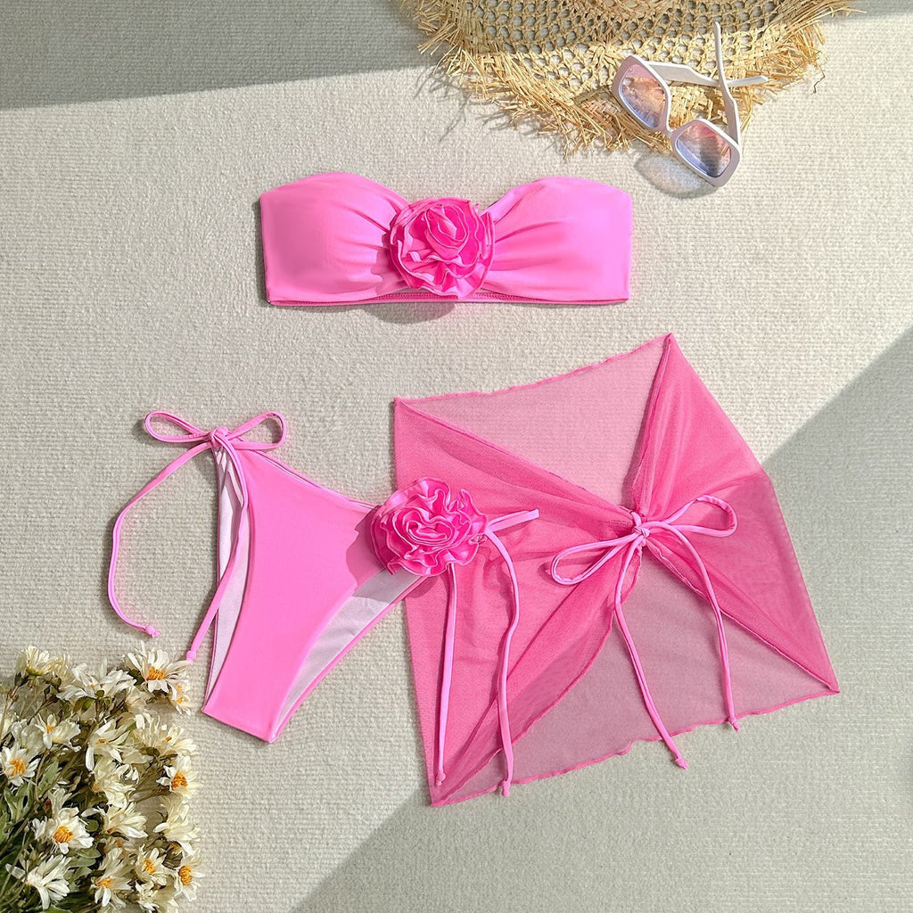 Bikini Sexy Dreiteiliger Set Badeanzug Damen Dreidimensionaler Großer Blumen-Bikini-Badeanzug