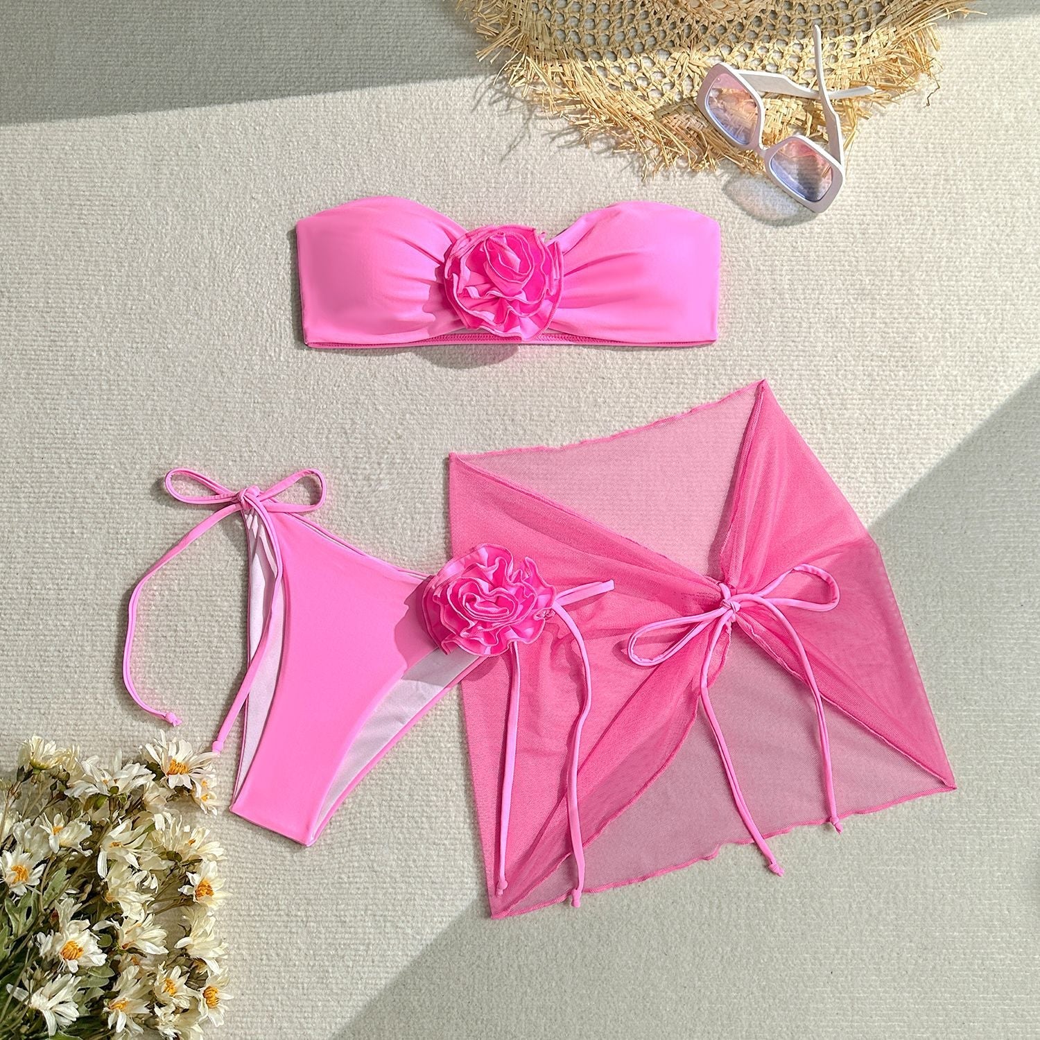 Bikini Sexy Dreiteiliger Set Badeanzug Damen Dreidimensionaler Großer Blumen-Bikini-Badeanzug
