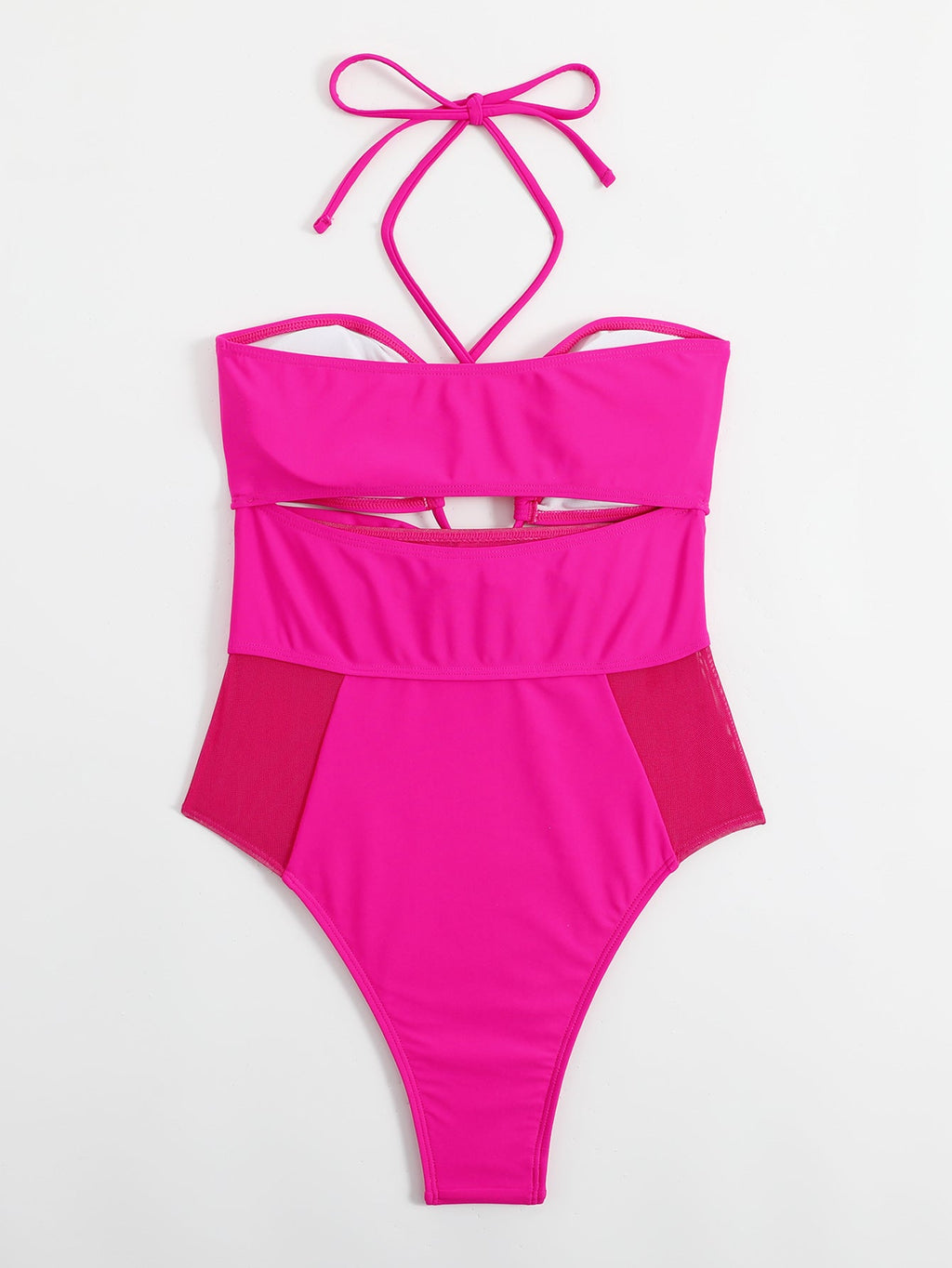 Einfarbiger Einteiler Damen Badeanzug Mesh-Naht Rosenrot Aushöhlung Ausgeschnitten Siamesischer Bikini