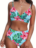 Backpack Ruffled Spaghetti Straps Vest High Waist Print Pleating Briefs Tankini Swimsuit