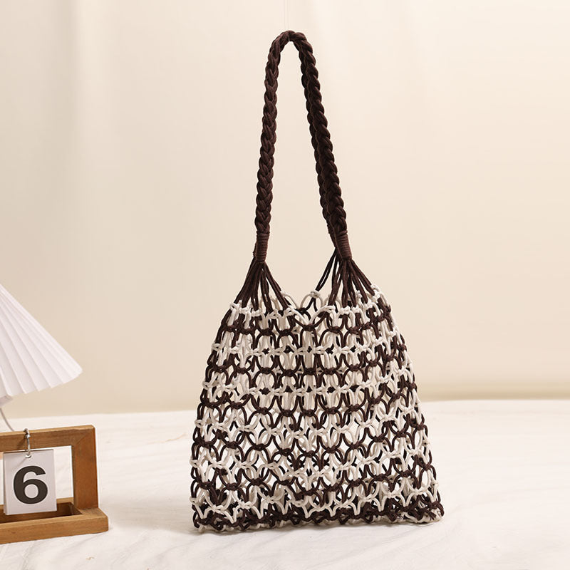 Sac de Plage en Paille Tressée d'Été avec Motif à Lacets, Idéal pour les Vacances à la Plage des Femmes