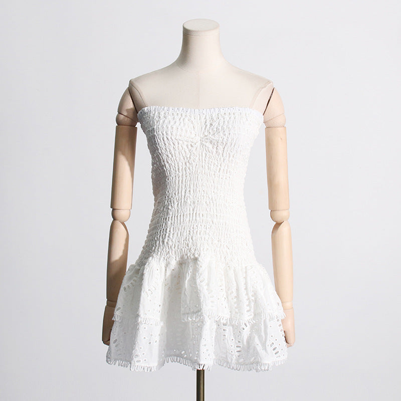 Frühlingshaft sexy elastische Taillen-Tube-Top-Kleid mit Stickerei und Rüschen für Damen