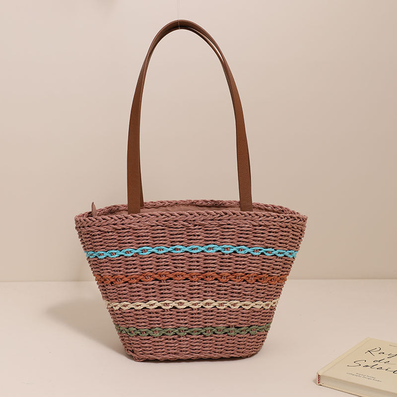 Sac en paille français à rayures colorées, sac tissé de grande capacité, sac de plage pour les vacances à la mer pour femmes