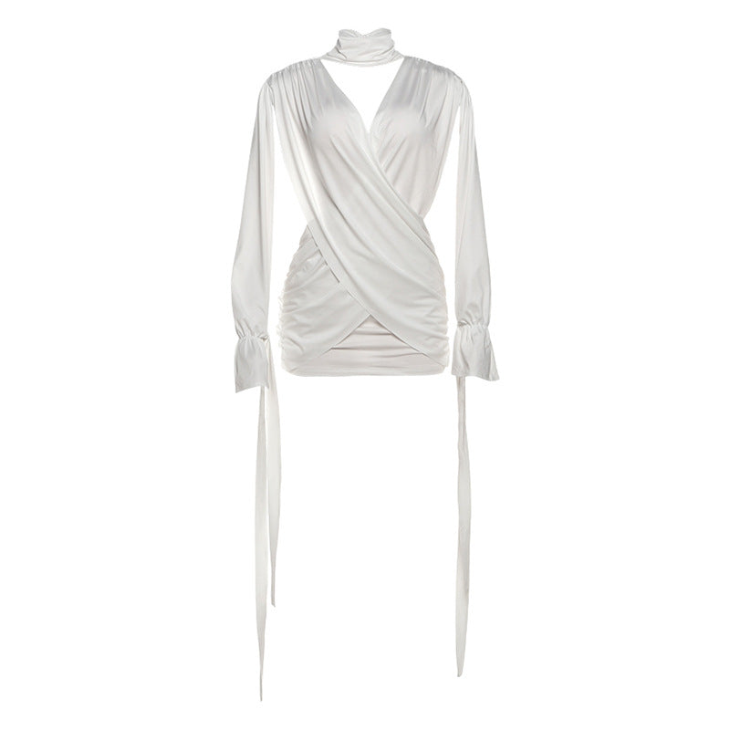 Robe Hiver Automne Femme Couleur Unie Sexy Évidée Manches Longues Décolleté Plongeant Col V Profond Couture Croisée Hanche