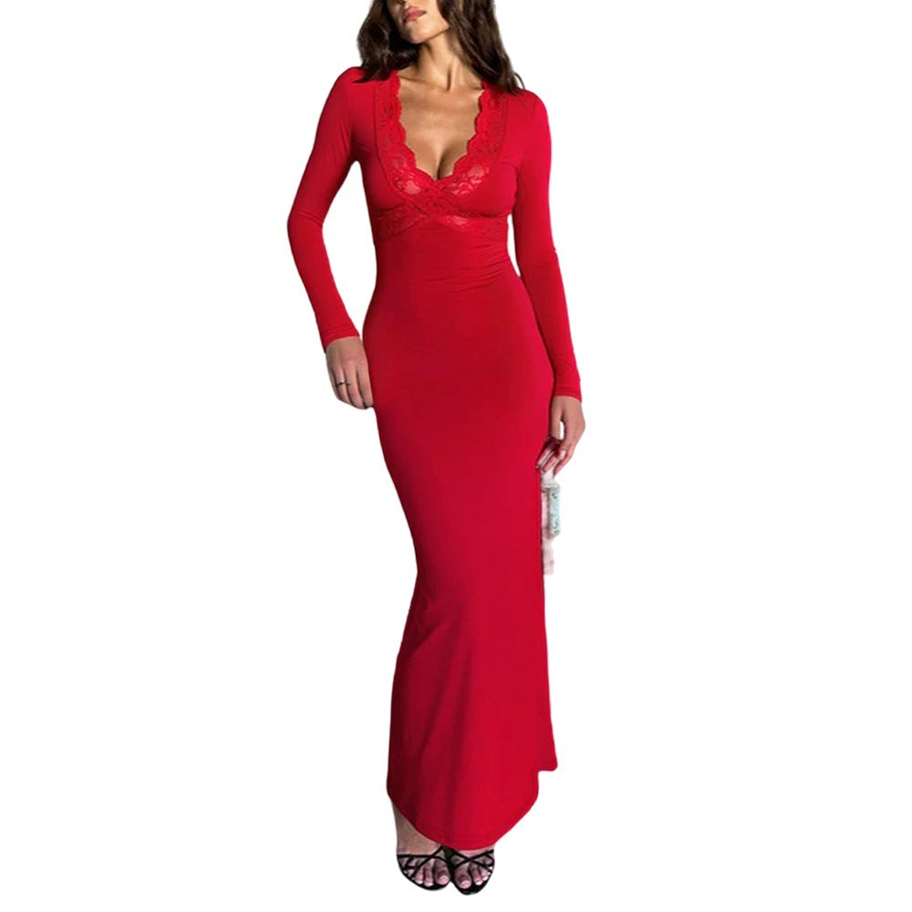 Rotes V-Ausschnitt Spitzennaht Langarm Figurbetontes Etui-Fischschwanz-Kleid Elegantes Sexy Kleid