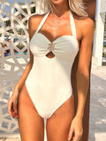 Damen einteiliger Bikini mit Metallelementen und Blumenmuster, zum Schnüren