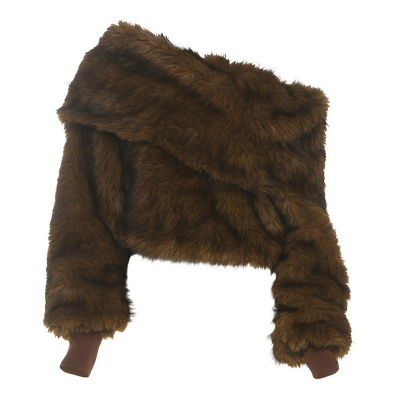 Vêtements d'automne pour femme – Top court en peluche sexy, épaules dénudées, ample et confortable