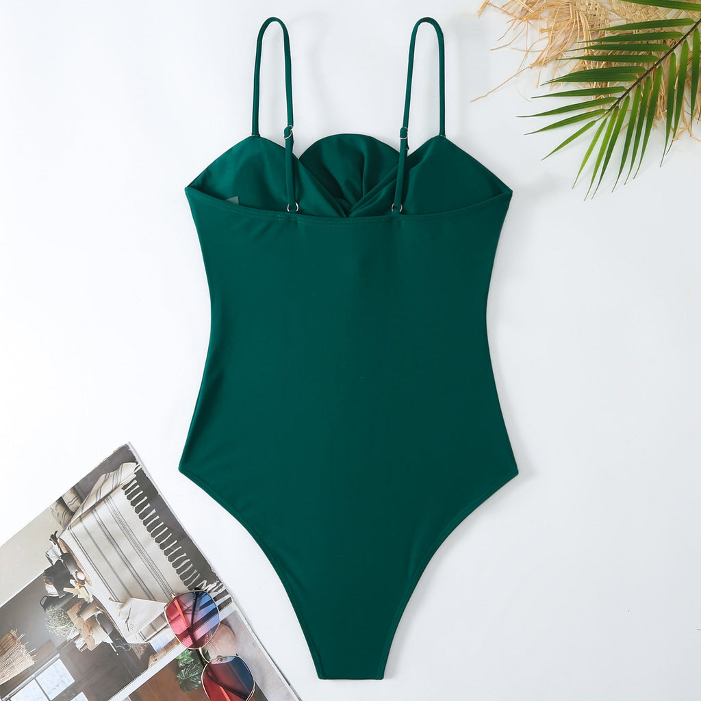 Maillot de bain une pièce femme uni avec nœud, style rétro français, pour amincir la silhouette et cacher le ventre