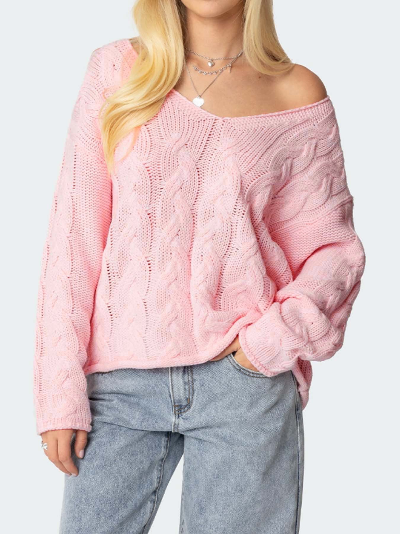 Herbst Einfarbig Locker Faul V-Ausschnitt Zopfstrick Pullover Damen Top