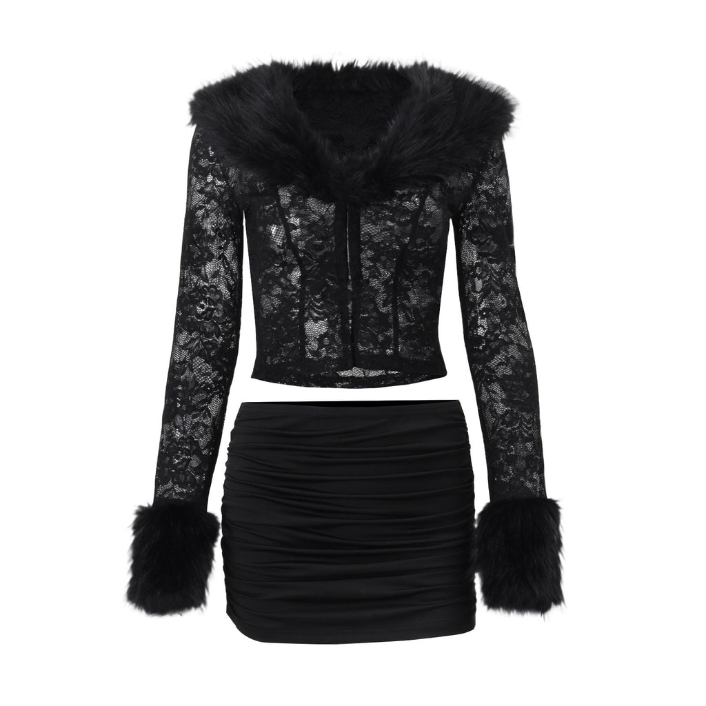 Ensemble jupe sexy et haut en dentelle de rue à manches longues en peluche pour femme, collection automne-hiver