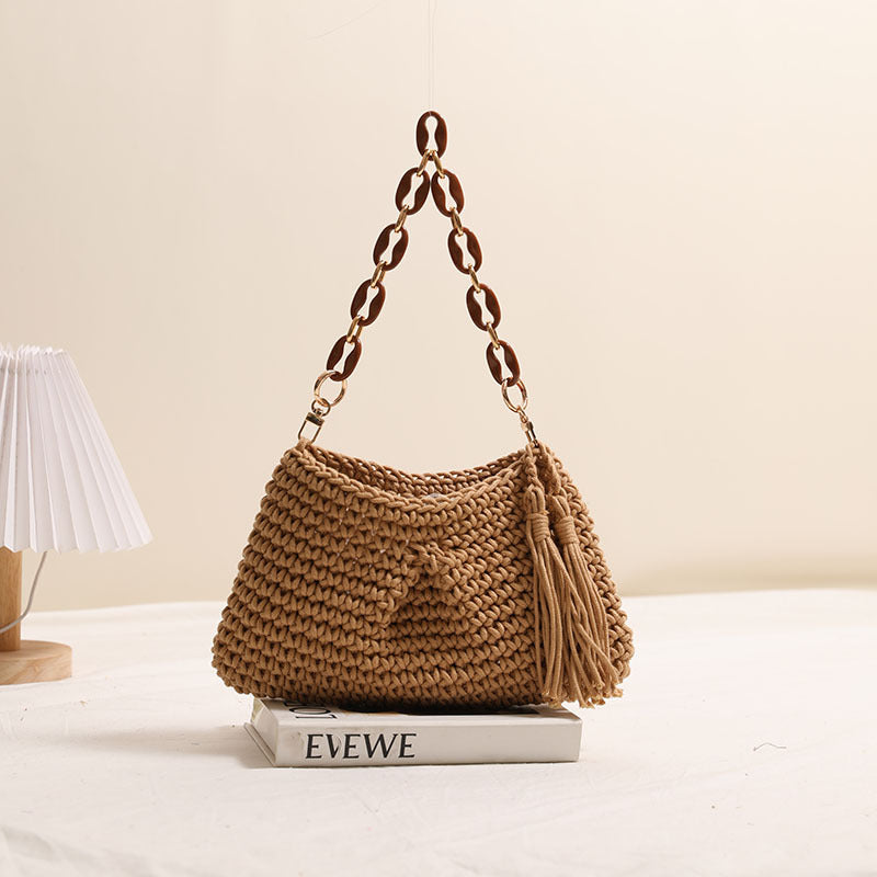 Sac en coton tressé sous les bras avec pompon, sac de plage de vacances en paille, sac à main de créateur pour femme