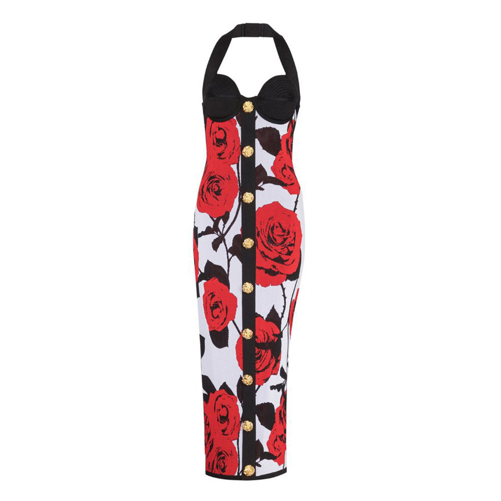 Robe Cintrée Jacquard Rose Classique Sexy Col Halter Boucle Dorée Extensible
