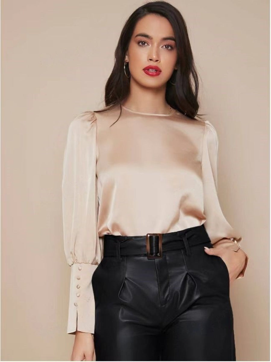 Chemise longue en satin à manches longues pour femme, haut en satin à manches lanternes pour le printemps et l'automne