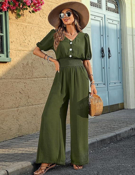 Damen Eleganter Kurzarm-Overall mit Kragen, tailliertem Oberteil, weitem Bein und lockerer Passform
