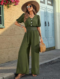 Damen Eleganter Kurzarm-Overall mit Kragen, tailliertem Oberteil, weitem Bein und lockerer Passform
