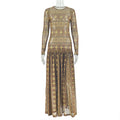 Elegantes Retro-Damenkleid mit taillenschmaler, mikrotransparenter A-Linie, Rundhalsausschnitt und langen Ärmeln mit Print