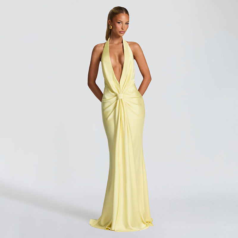 Robe longue plissée dos nu élégante et sexy pour femme, couleur unie, col en V plongeant et ruban, collection automne hiver