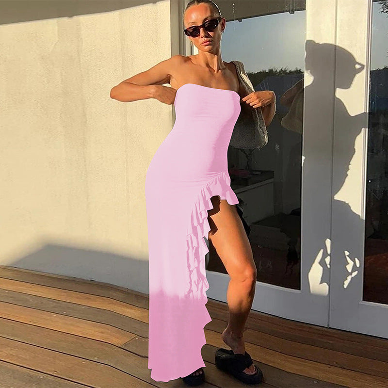 Vêtements féminins d'été, robe tube unie avec fentes et volants, chignon