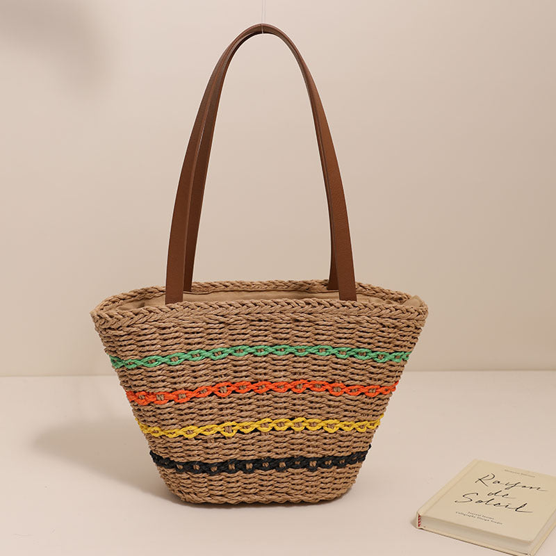 Sac en paille français à rayures colorées, sac tissé de grande capacité, sac de plage pour les vacances à la mer pour femmes