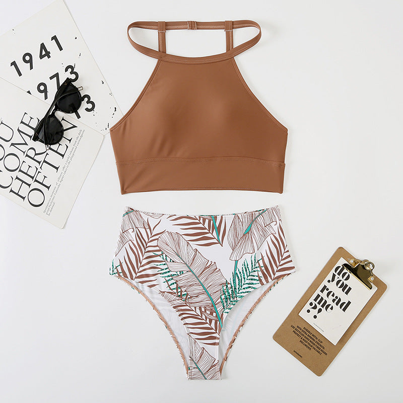 Sexy Damen Split High Waist Taschen Bikini Bikini Druck Mehrfarbig Badeanzug