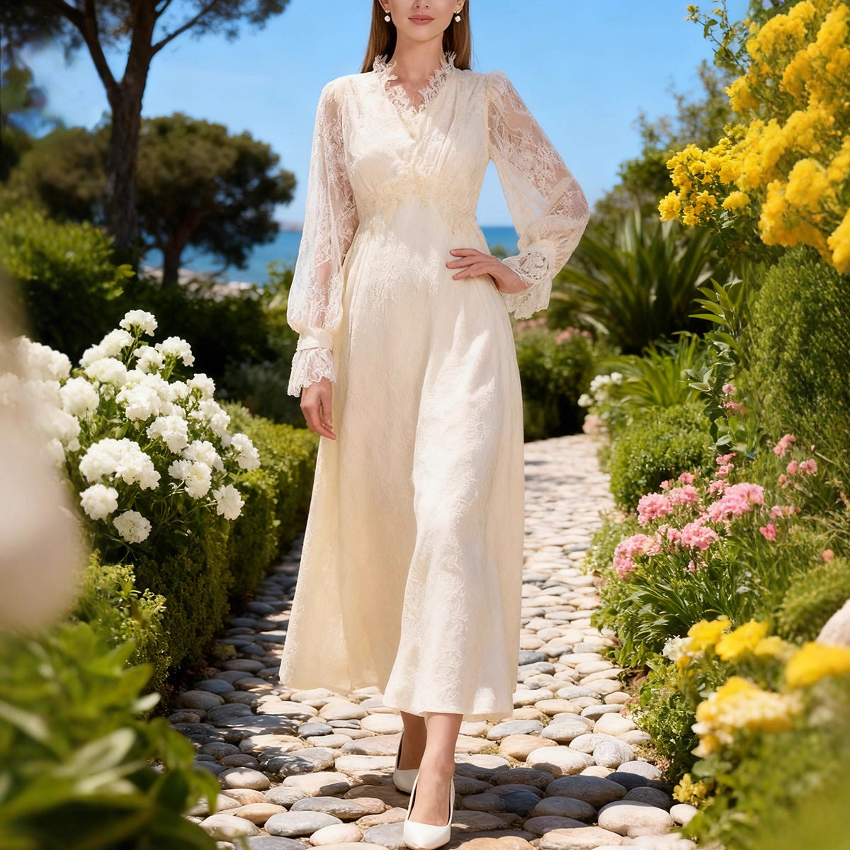 Robe élégante à manches longues en dentelle, col en V, taille ajustée, amincissante pour femme, collection automne