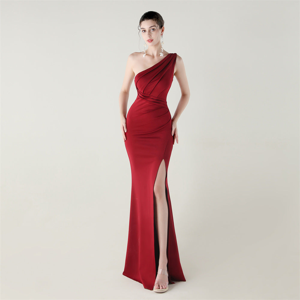 One Shoulder Slim Fit Satin Falten High Slit Sexy Abendkleid Meerjungfrauenkleid Dinner Hochzeit Social Networking