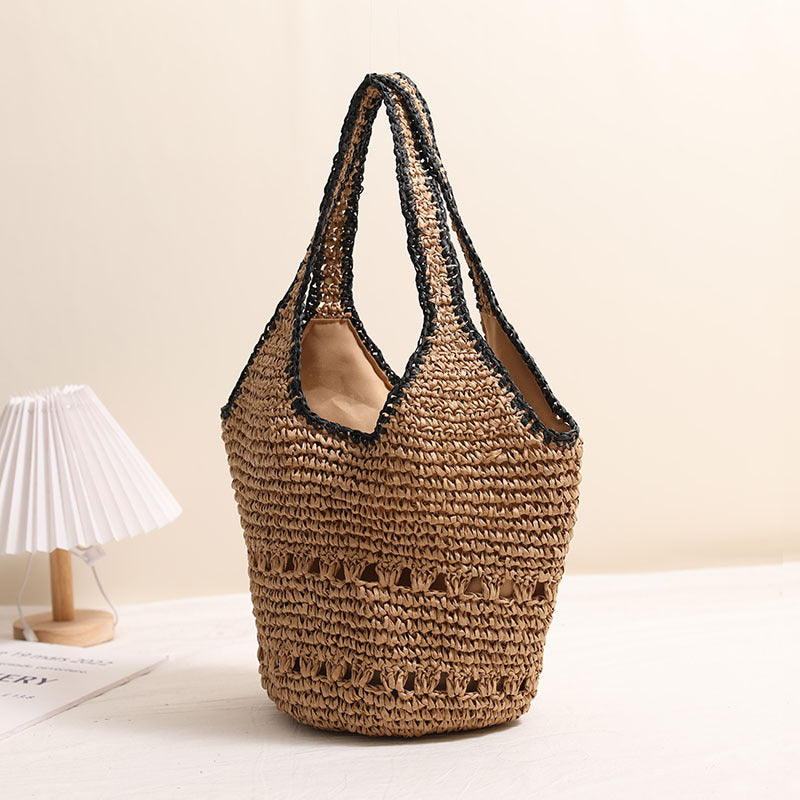 Große Strohtasche mit Schulterriemen, legere, ausgehöhlte, tragbare Strohtasche, gewebte Tasche, Damen-Strandtasche für den Urlaub
