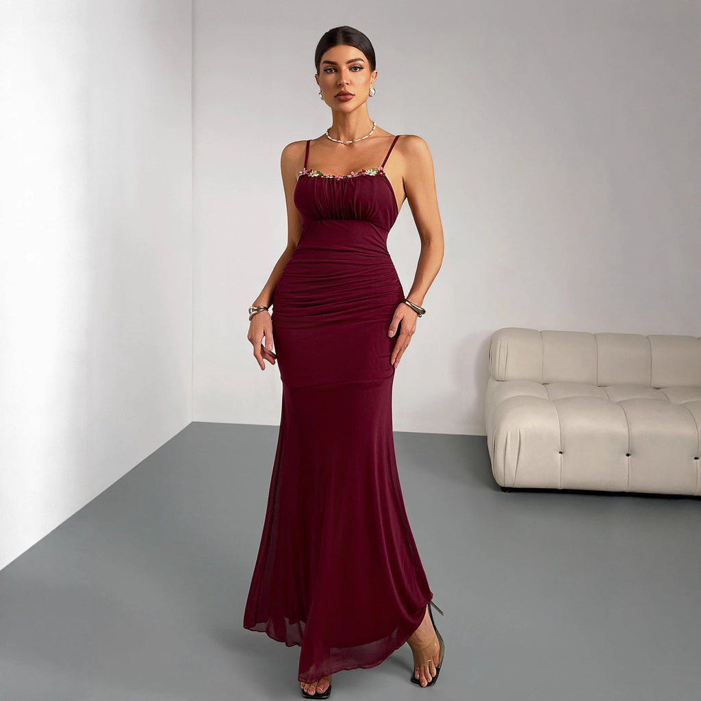 Robe Femme Slim Fit Fishtail Sling Plissée Moulante Sexy Soirée Fête Mariage Demoiselle d'honneur