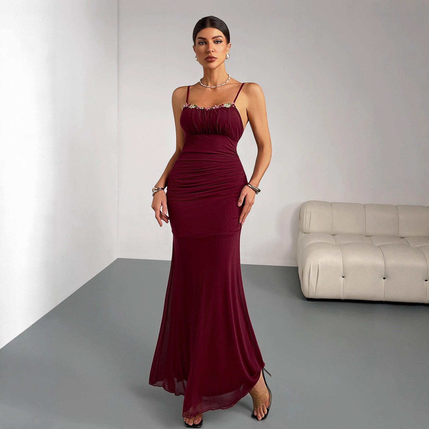 Robe Femme Slim Fit Fishtail Sling Plissée Moulante Sexy Soirée Fête Mariage Demoiselle d'honneur