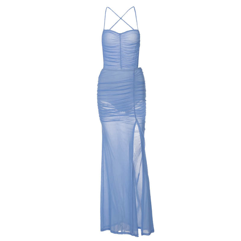 Printemps Été Vêtements Femme Populaires Robe Fendue Sans Dos Couleur Unie Livraison